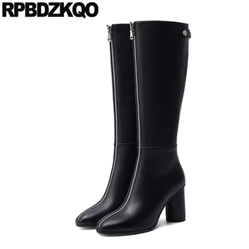 

black tall knee high front zipper 2019 luxury brand shoes women autumn winter block boots long thick chunky heel quality fall