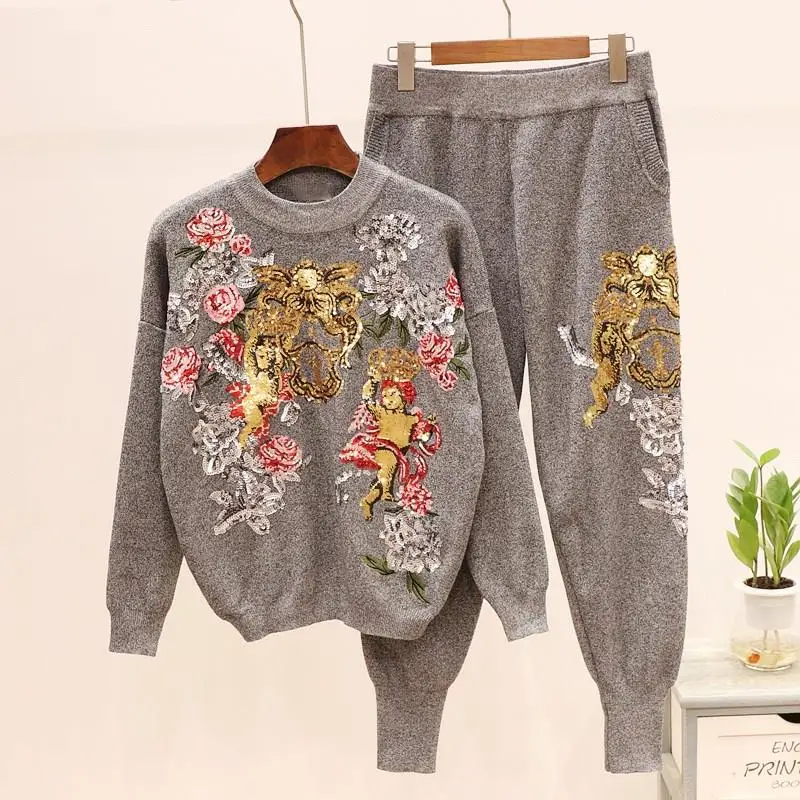 

Europe Autumn Casual Tracksuit Women Set Twinset Floral Sequined Sweater Knit Top And Haren Pants 2Piece Suit