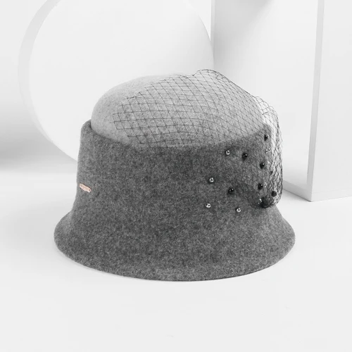 Grey H760 женская зимняя фетровая шляпа высокого качества, Модная элегантная шерстяная шапка с сеткой, женские вечерние шапки для шоппинга, простые теплые утолщенные шапки - Цвет: Grey