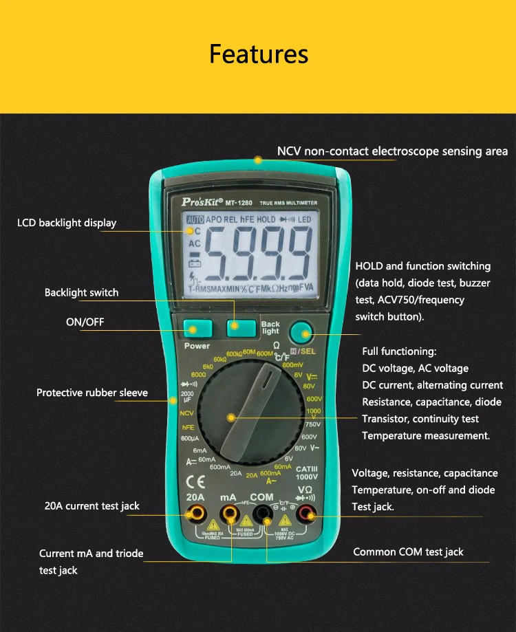 Proskit True RMS Профессиональный цифровой мультиметр с подсветкой ЖК-дисплей температура тестер-Транзистор тестер Конденсатор тестер метр