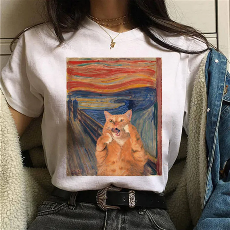 

Maycaur Cat Women T Shirts Harajuku Art Oil Painting Print Women Tshirts Cute Female T-shirt Casual Funny Ulzzang Grunge Tshirt