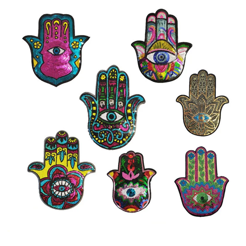 1Pc Hamsa Hand Palm Patch Divine Symbol Protection Of Fatima Eye Iron on Motif Applique Garment Hats Bags DIY handmad | Дом и сад