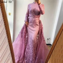 Мусульманские розовые длинные платья с высоким воротником, вечерние платья с длинными рукавами и блестками, вечерние платья в стиле русалки, Serene hilm LA6542