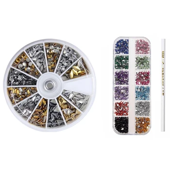 

600 Pcs 3D Design Nail Art Studs Gold with Silver Stud Wheel Manicure and 3000Pcs 3D Acrylic 2mm Rhinestones