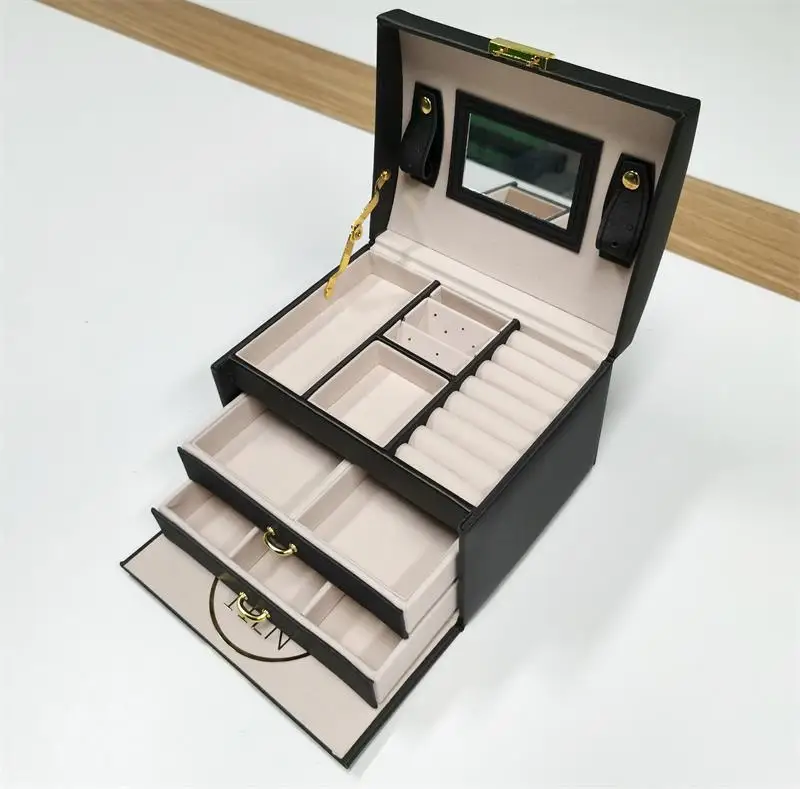 Jewelry Storage Organizer Drawers Box Mirror Leather Jewelry Box