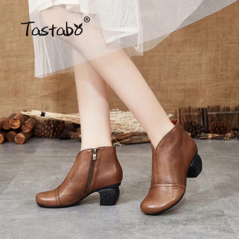 Tastabo manual Genuine Leather high heel women's boots Black brown Vintage texture S3655-3 Comfortable shoes Wear-resistant