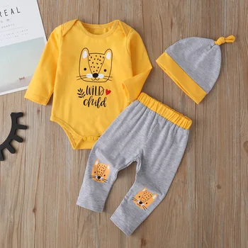 

New Newborn 3 Pcs Infant Baby Boy Girl Clothing Set Long Sleeve Letter Romper Kid Tops T-shirt+Leggings Pants+Hat Outfit Clothes