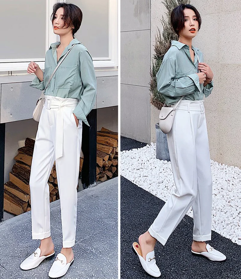 BGTEEVER элегантные пояса женские узкие брюки белые с высокой талией уличная женские брюки однотонные офисные женские брюки плюс размер