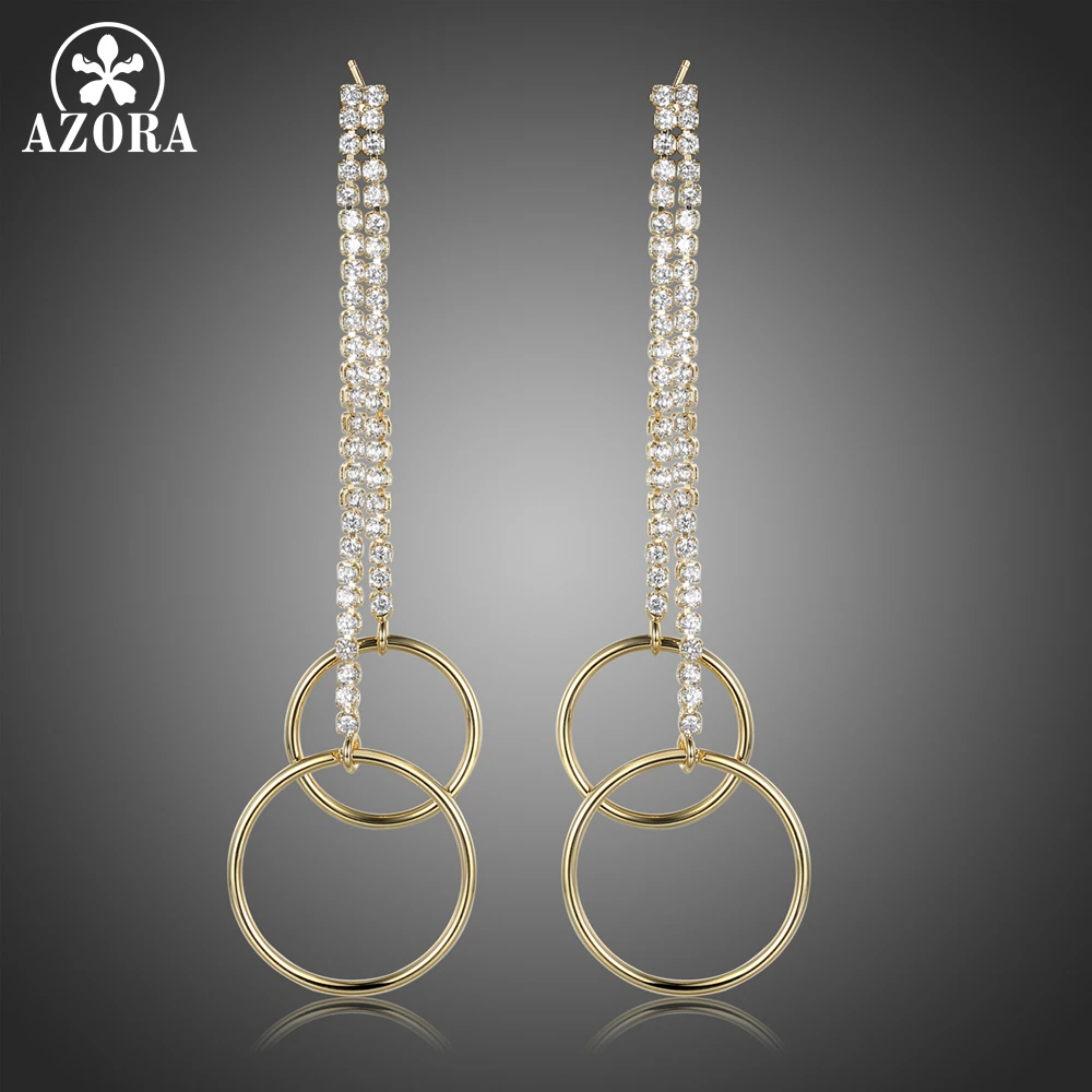 

AZORA Luxury Double Circle Drop Long Earrings for Women AAA High Quality Clear Cubic Zircon Elegant Tassel Dangle Brincos TE0397