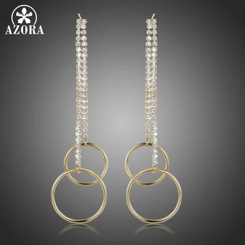 

AZORA Luxury Double Circle Drop Long Earrings for Women AAA High Quality Clear Cubic Zircon Elegant Tassel Dangle Brincos TE0397