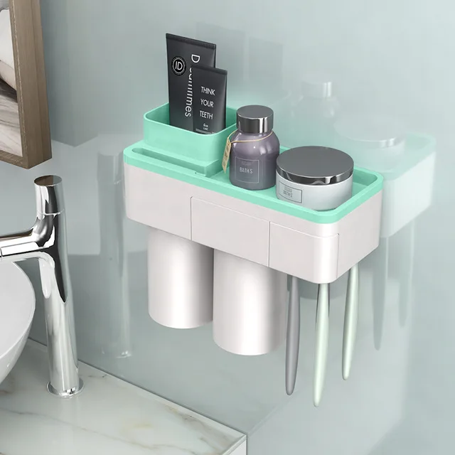 Green 2 Cups Wonderlife держатель для зубных щеток аксессуары для ванной комнаты хранение зубной пасты органайзер для зубных щеток es Магнитная Адсорбция с чашкой - Цвет: Green 2 Cups
