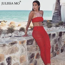 JULISSA MO красная длинная юбка женская сексуальная сетчатая прозрачная юбка-карандаш летние юбки с высокой талией облегающие плиссированные юбки faldas mujer moda