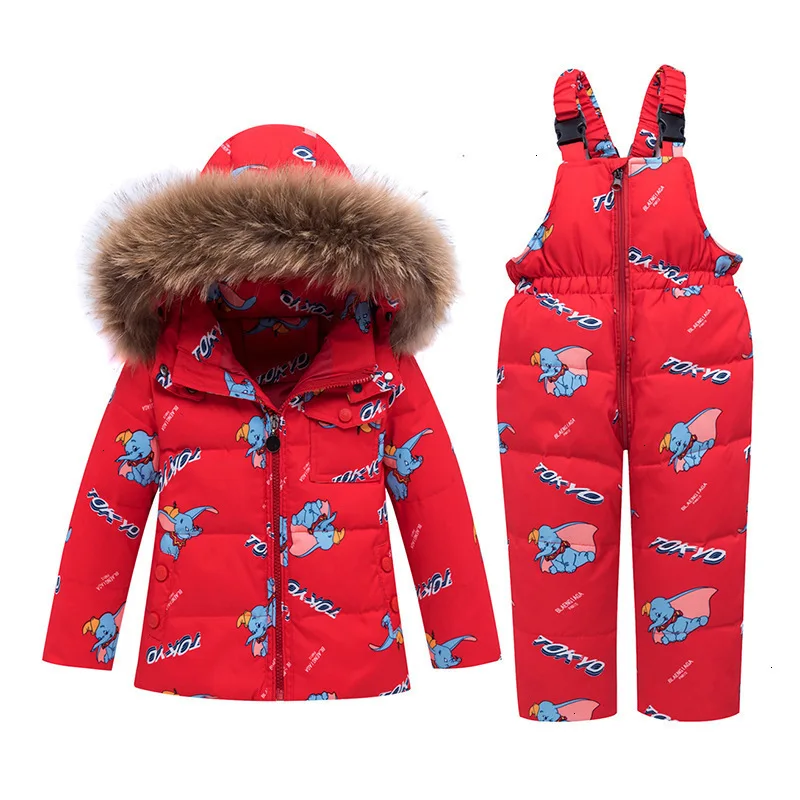 Kids Winter Down Parkas New Girls Ski Suits Cotton Cartoon Thick Warm Hoodies+bib Pants 2pcs Outfits For Boys Children Snowsuit