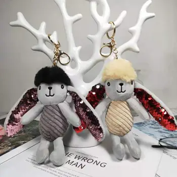 

Korean cartoon yoyo rabbit keychain sequins long ears rabbit pendant bag accessories car big decoration key ring