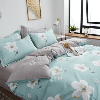 

White Flowers 78"x90" Duvet Cover Set by flat sheet pillow case 100% cotton 4pcs bedding set