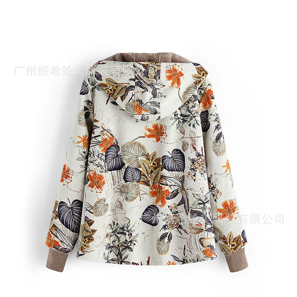 AliExpress стиль хлопок лен печать плюс бархат с капюшоном однобортное Женское пальто