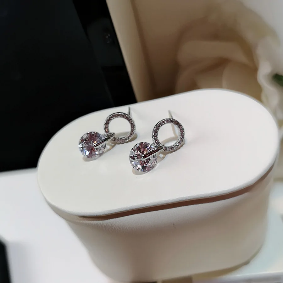 Роскошные женские белые круглые серьги-гвоздики, модные 925 пробы серебряные свадебные ювелирные изделия с двойным кристаллом, циркониевые серьги для женщин