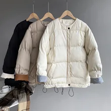 women's winter down cotton jacket Contrast color drawstring thickened long sleeve zipper coat 2021 warm collarless bread clothes