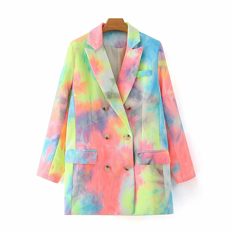 Autumn 2020 Women Korean Street Style Blazer Printed Lapel Collar Long Sleeve Loose Fit Jacket Fashion Suit Coat Female Outwear