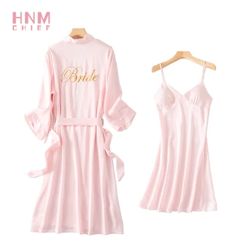 

HNM Pink Bride Bridesmaid Robes / Dress Pyjamas Women Kimono Bathrobe Sexy Lingerie Nightdress Satin Silk Wedding Canonicals