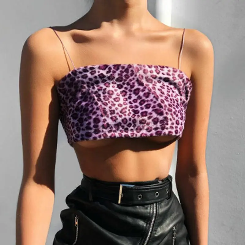 

Hot Women Leopard Camisole Crop Tops Summer Sexy Lady Slim Strappy Square Collar Printing Purple Tanks Top Pullovers Streetwear