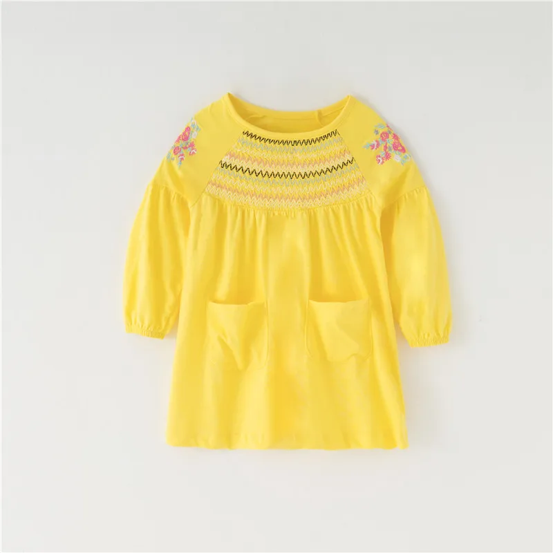

Little Maven Spring Autumn New Full-Sleeved Yellow Smocking Embroidery Floral O-neck 1-6yrs Knitted Cotton Girls Dresses