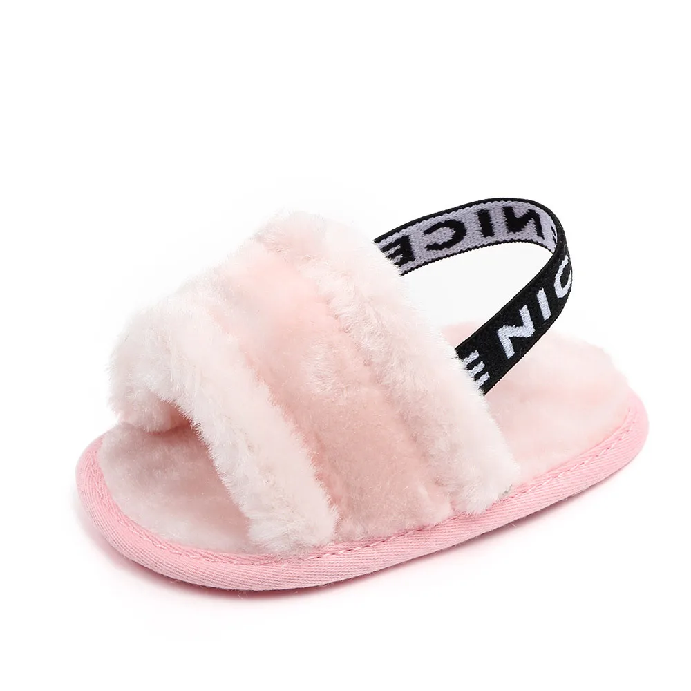 Baby Girl Newborn Letter Elastic Band Sneaker Anti-slip Fuzzy Soft Sole Fleece Slipper First Walkers Crib Shoes Pram Prewalker