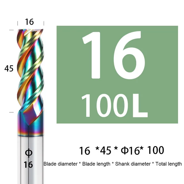 Colorful End Mill Aluminium HRC55 3F Milling Cutter Acrylic Wood Copper Plastic Cutting Tool CNC Maching Milling Tools Endmils 16X45XD16X100L