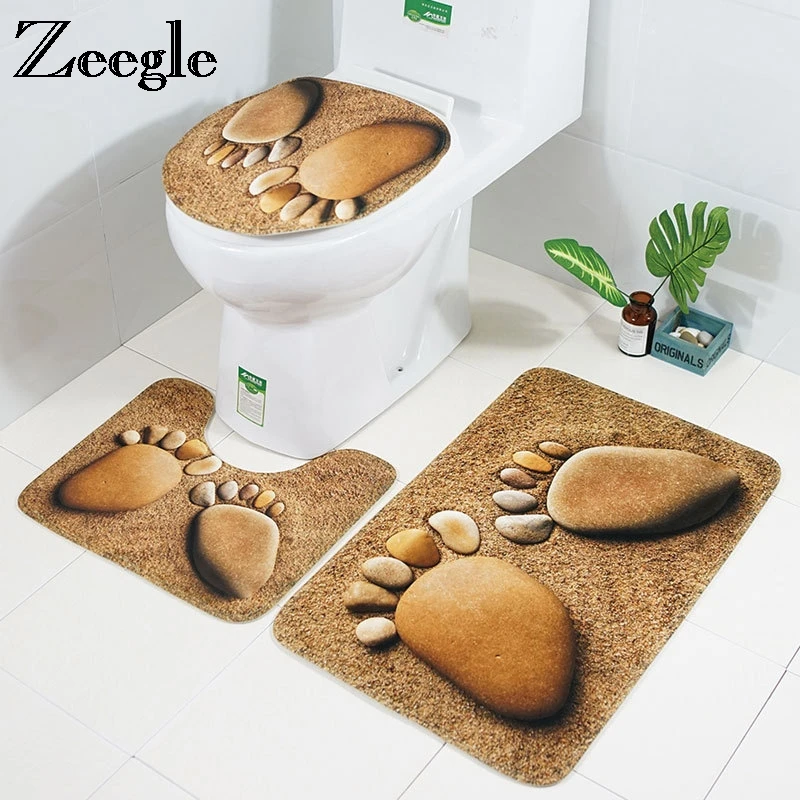 Zeegle Cobble Printed 3Pcs Bath Mat Set Anti-slip Bathroom Floor Mats Pedestal Rug Toilet Lid Cover Flannel Bathroom Rugs