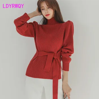 

2019 early autumn and winter women's lace-up waist Korean wild turtleneck sweater sweater thickening