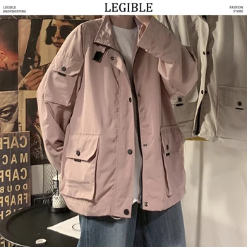 

LEGIBLE 2019 Autumn Solid Color Jackets Mens Big Pockets Korean Casual Loose Jackets Mens Windbreaker