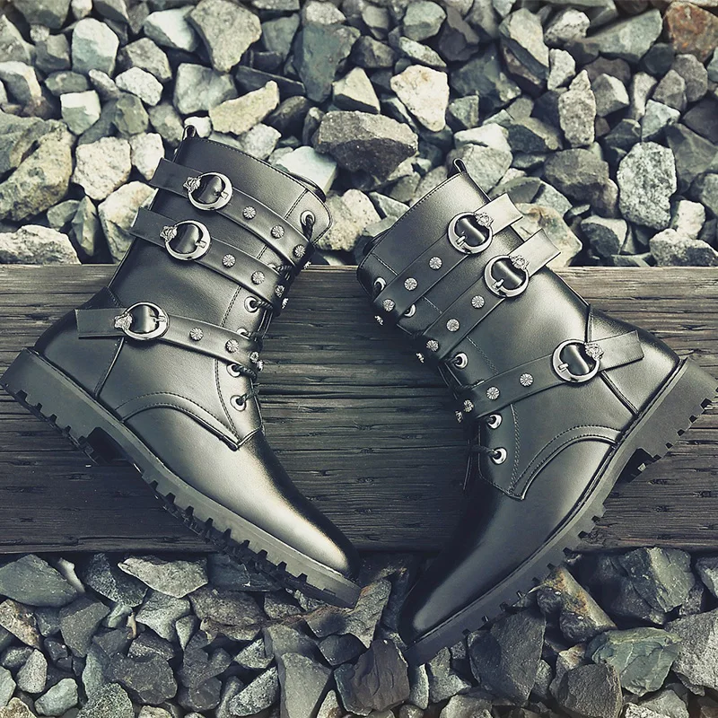 Мужские ботинки для верховой езды Мужские ботинки в байкерском стиле из искусственной кожи ботинки в стиле панк Ботинки martin на шнуровке мужские ботинки средней высоты с боковой молнией 910