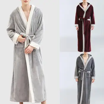 

Men Autumn Winter Flannel Long Sleeve Maxi Bathrobe Pockets Hooded Sleepwear