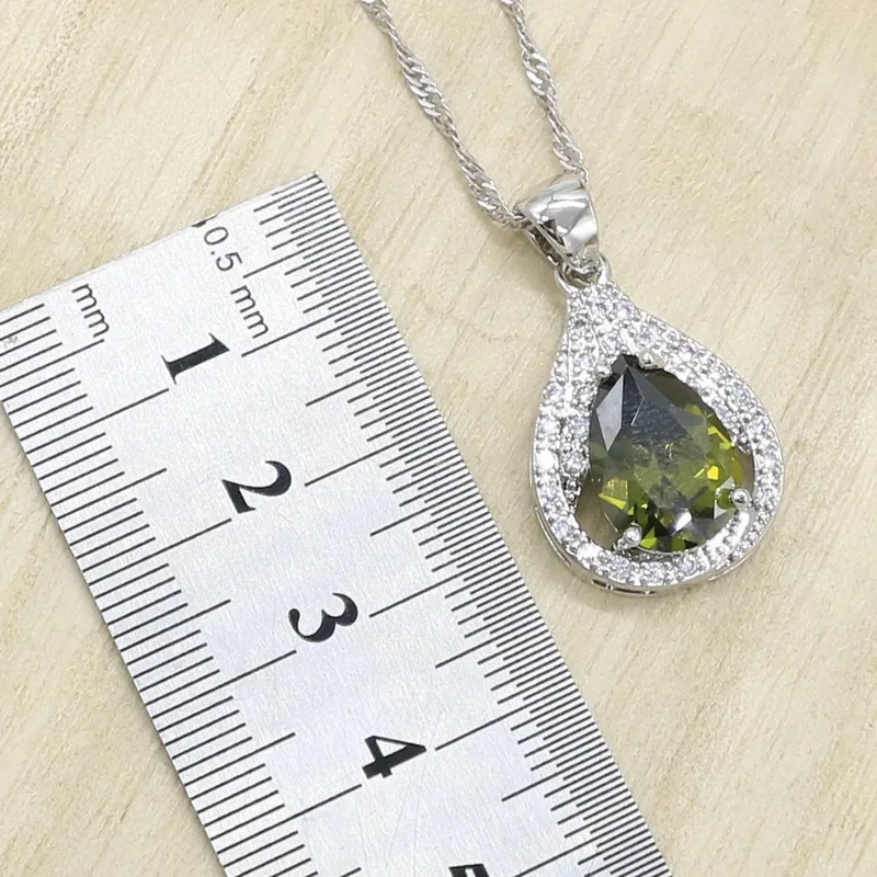 Green Peridot Zircon Silver 925 Jewelry Set Women Bracelet Earrings Necklace Pendant Ring Birthday Gift bridal jewelry sets,crystal jewelry sets,earring ring sets