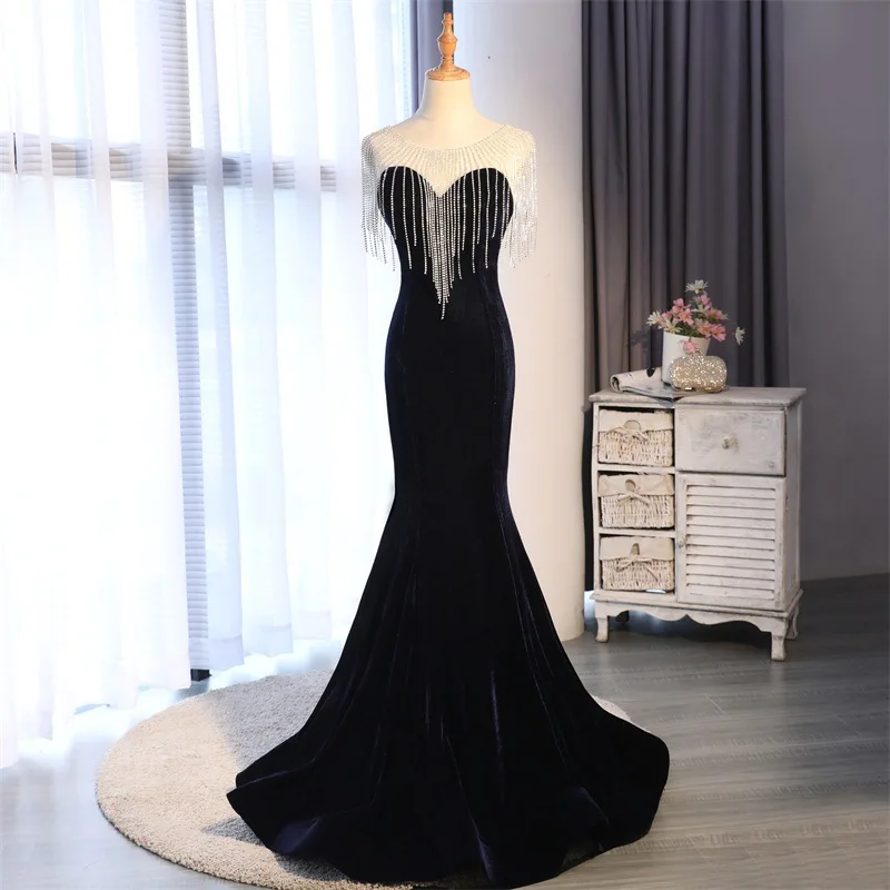 navy blue Вечерние платья Robe De Soiree Бисероплетение кисточкой Винтаж велюр платье-Русалка Элегантный пол длина вечернее платье официальное платье LX091 - Цвет: navy blue