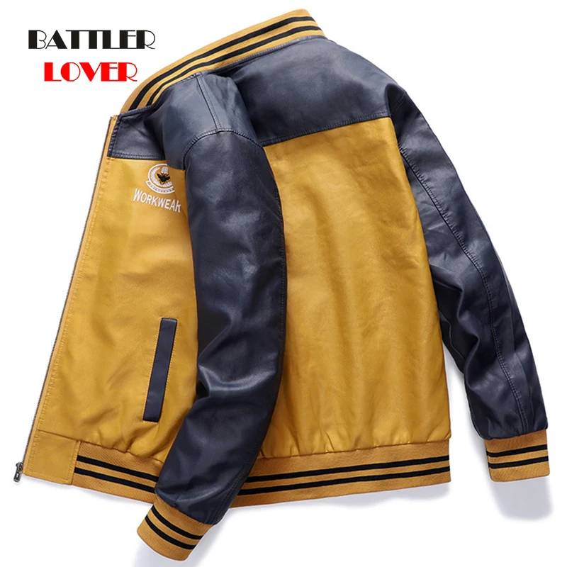 Men Biker Jacket Embroidered Leather Slim Fit Coats for Male College Fleece Luxury Pilot Stand Collar Top Jacket Overcoat