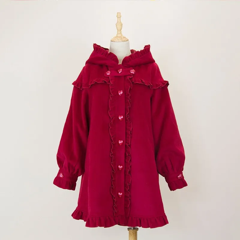 Wine Red Осенне-зимняя куртка в стиле Лолиты; Милая куртка с кошачьими ушками и сердечками; бархатная плотная накидка с длинными рукавами и капюшоном с оборками; пальто - Цвет: Wine Red