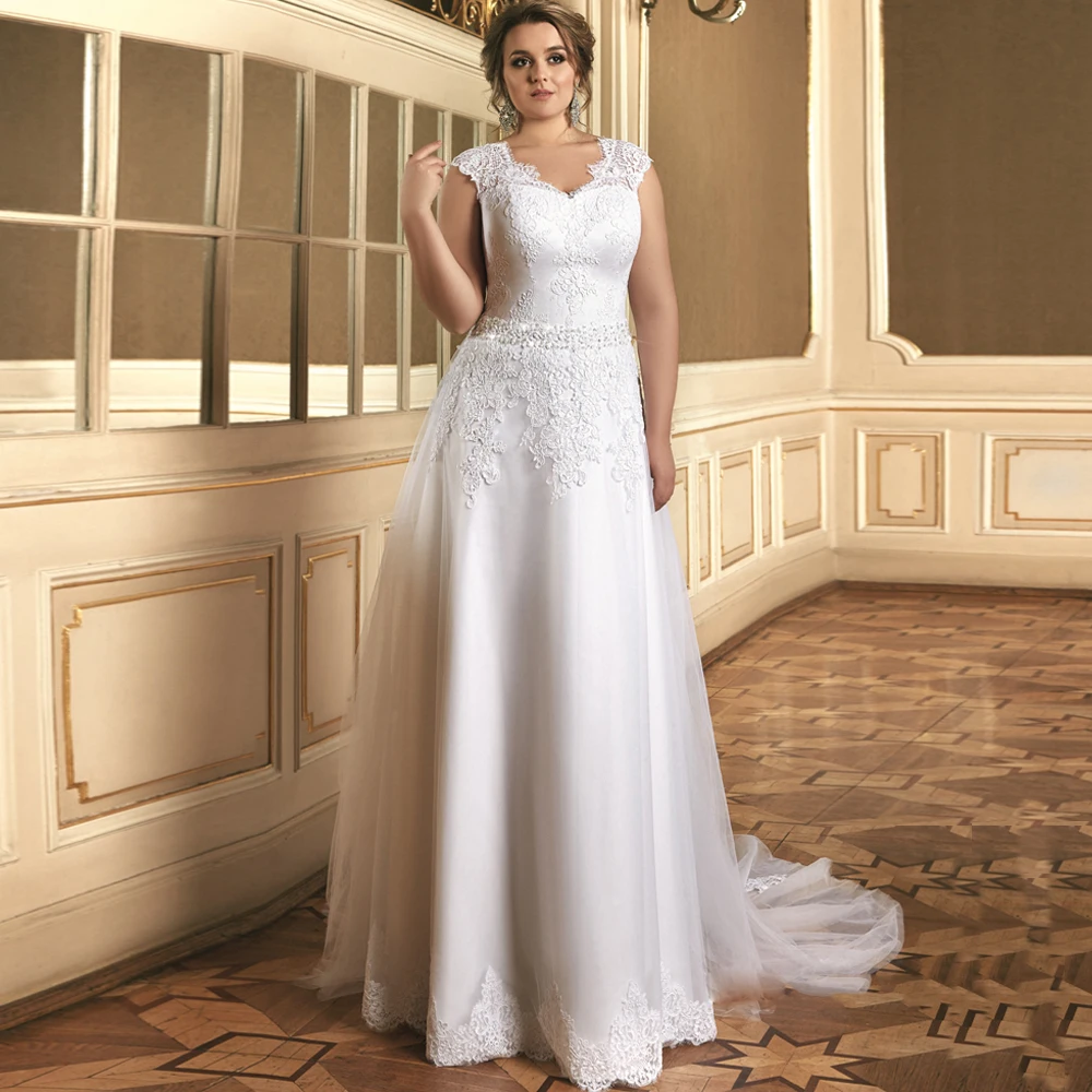 

2020 Plus Size Wedding Dresses Custom Made Cap Sleeve V-neck Lace Applique A-line Tulle Bridal Gowns Wedding Dress