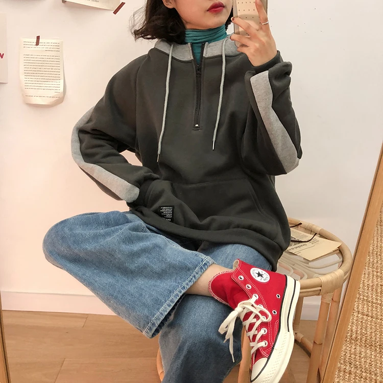 Новинка Harajuku, Женская толстовка, корейская мода, пэчворк, длинный рукав, с капюшоном, толстовки, пальто, женские, повседневные, карманы, Свободный пуловер