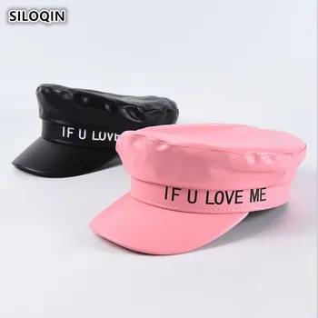 

SILOQIN Women's Letter Flat Caps PU Imitation Leather Army Military Hats Elegant Ladies Casual Fashion Black Cap Snapback Hat