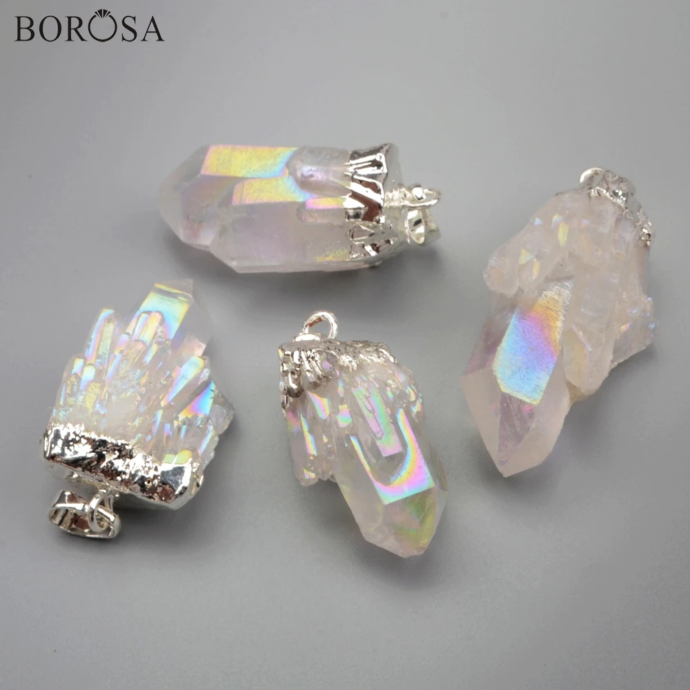 

BOROSA 5/10Pcs New Silver Plating Natural Crystal Quartz Beads Titanium AB Color Cluster Crystal Point Pendant Jewelry S1851