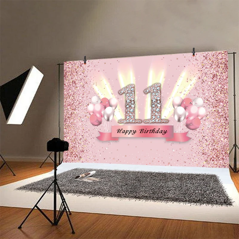 11 Years Old Photo Backdrop Girls Happy Birthday Party Balloon 11th Photography Background Decorations Banner