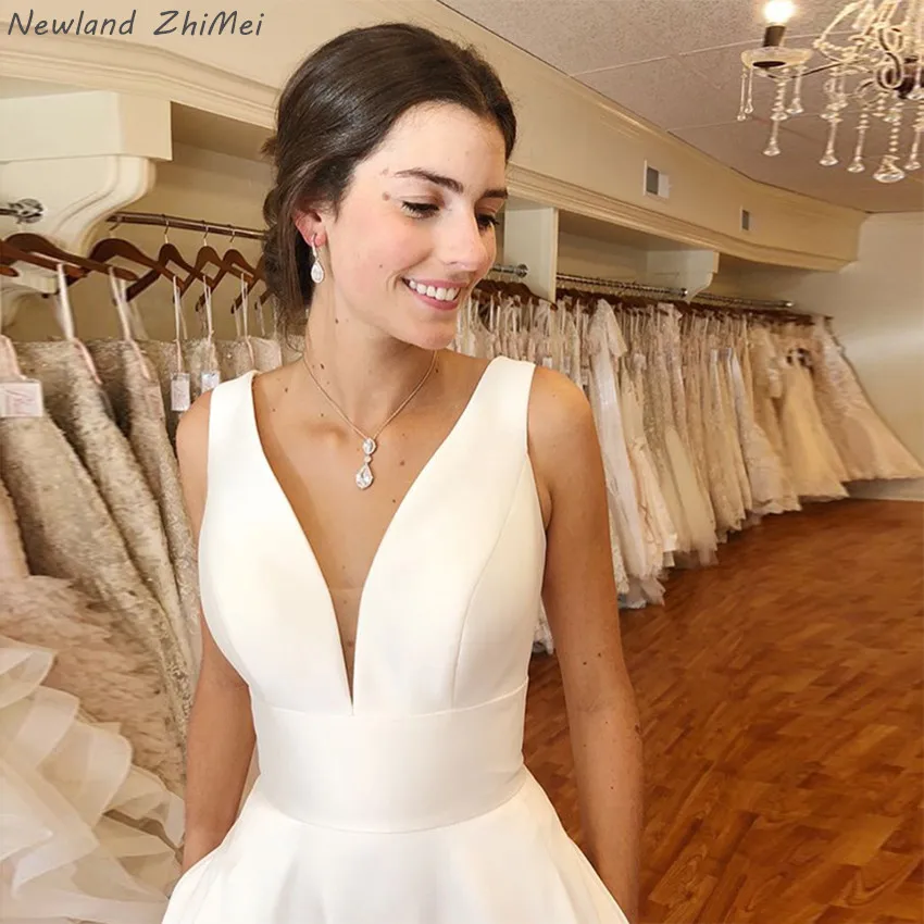 Newland ZhiMei Дешевые линии Свадебные платья Элегантный V образным вырезом белый цвет слоновой кости Vestido De Novia платье для невесты без спинки Часовня Поезд