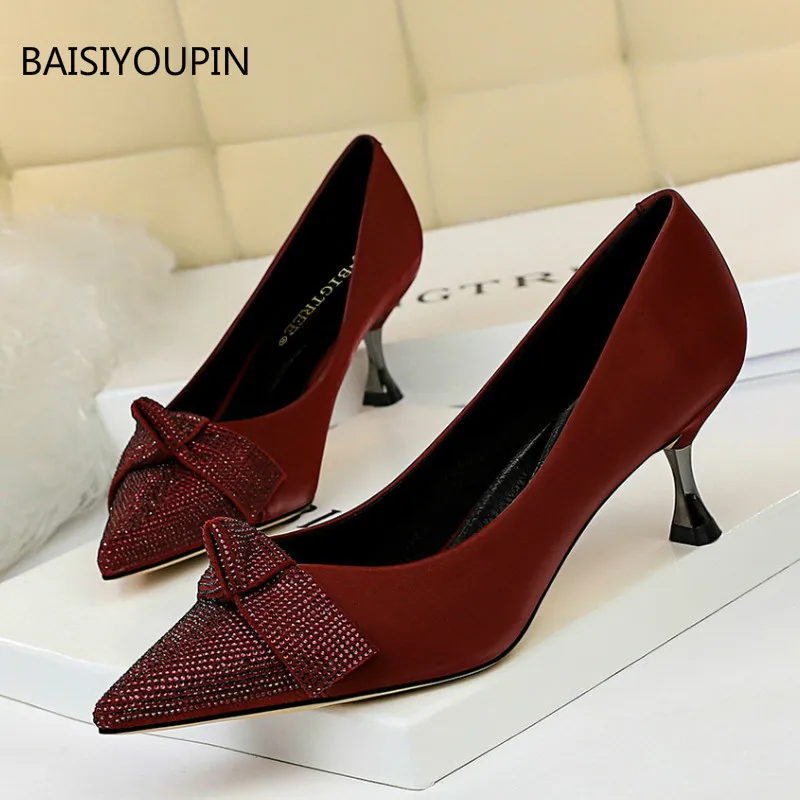 

New Elegant Women Shoes Solid Party 5.5cmHigh Heels Shallow Work Pointed Toe Bow Metal-Cat-heel Office Casual Femael Pumps Shoes