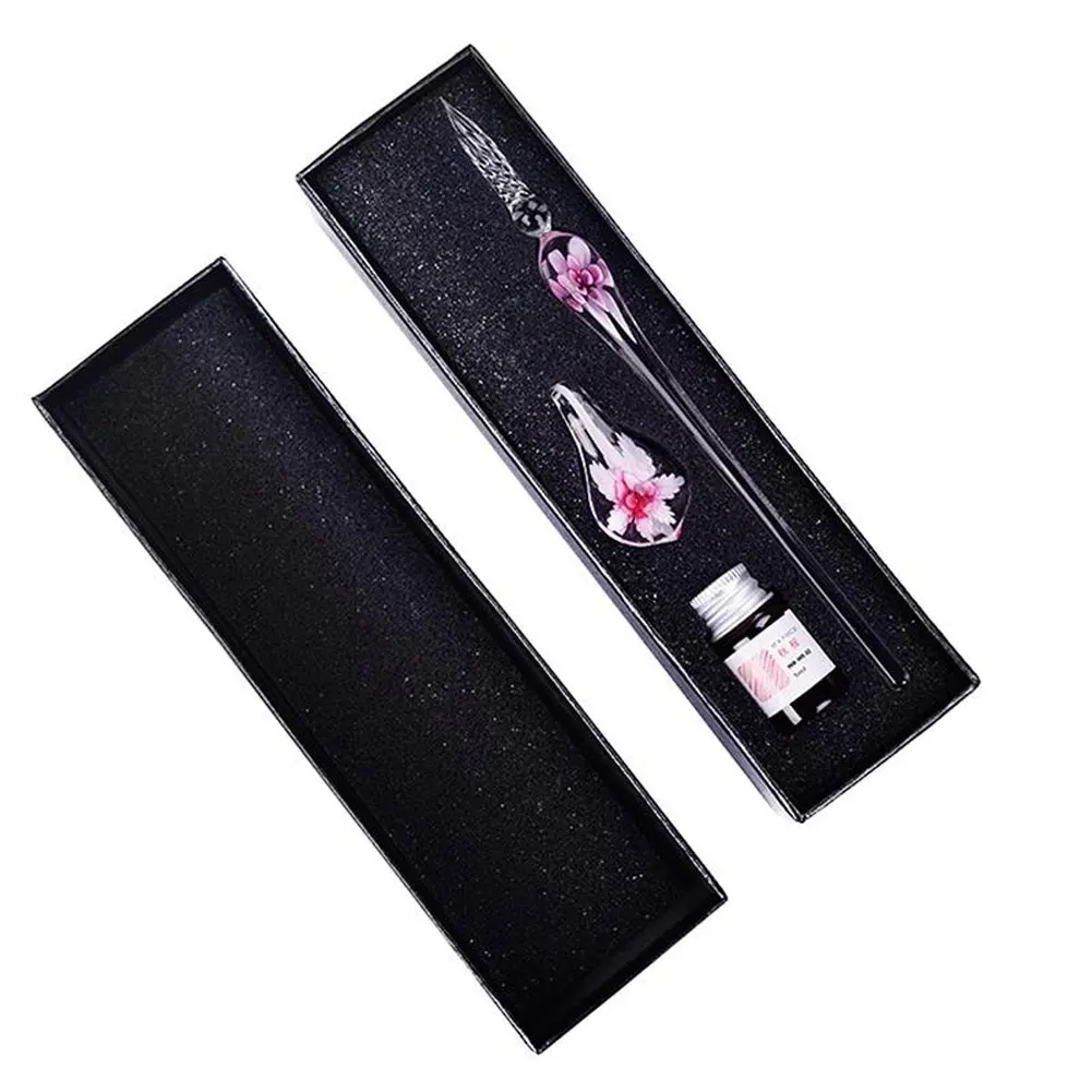 Glass Dip Pen Faux Crystal Ink Signature Inside Flower for Writing Art Decor Gift - Color: Pink