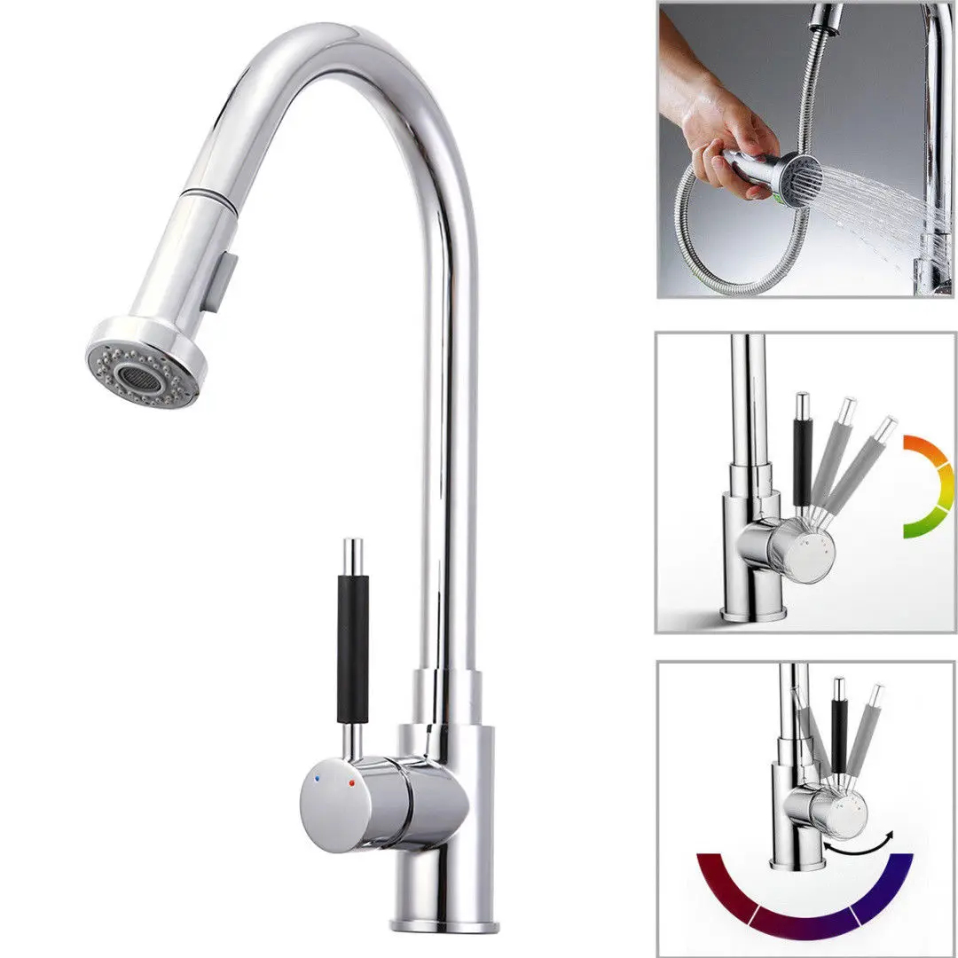 

Kitchen Swivel Spout Single Handle Sink Faucet Pull Out Spray Mixer Tap Chrome