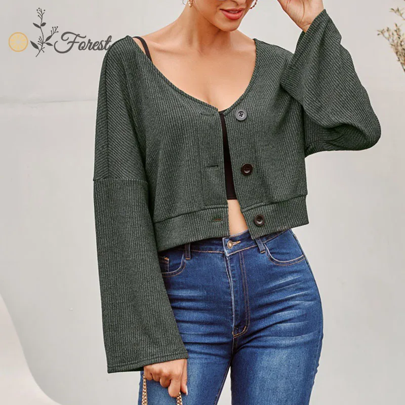 

Oforest Women knitted short cardigan Elegant v-neck loose long sleeve buttons vintage cardigan Retro elastic autumn fashion coat
