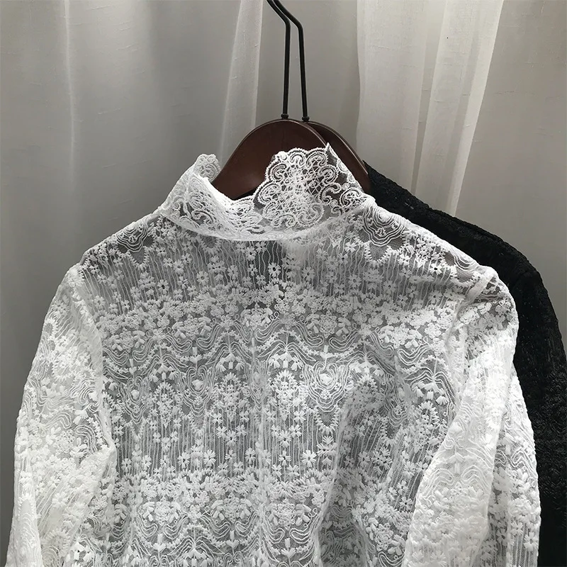 Mooirue осень весна, Женская кружевная рубашка с высоким воротником, Длинная блузка с отложным воротником, женские белые и черные топы