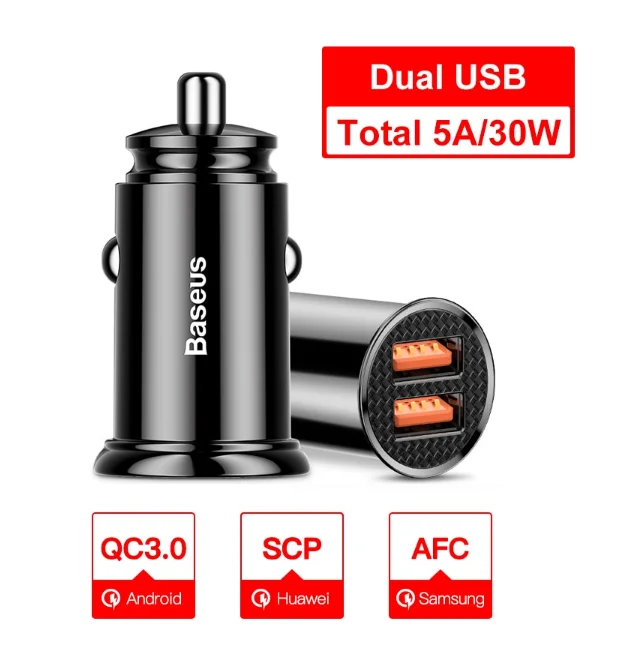 Baseus Mini USB Auto Oplader для мобильного телефона планшет gps 3.0A быстрое зарядное устройство двойной - Тип штекера: Black Dual USB