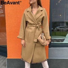 BeAvant Элегантное длинное пальто цвета хаки, Женское пальто с длинным рукавом, женская верхняя одежда, твидовые пальто с поясом и карманами, осенне-зимнее женское пальто